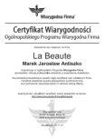 Certyfikat Wiarygodności La Beaute - Marek Antiszko